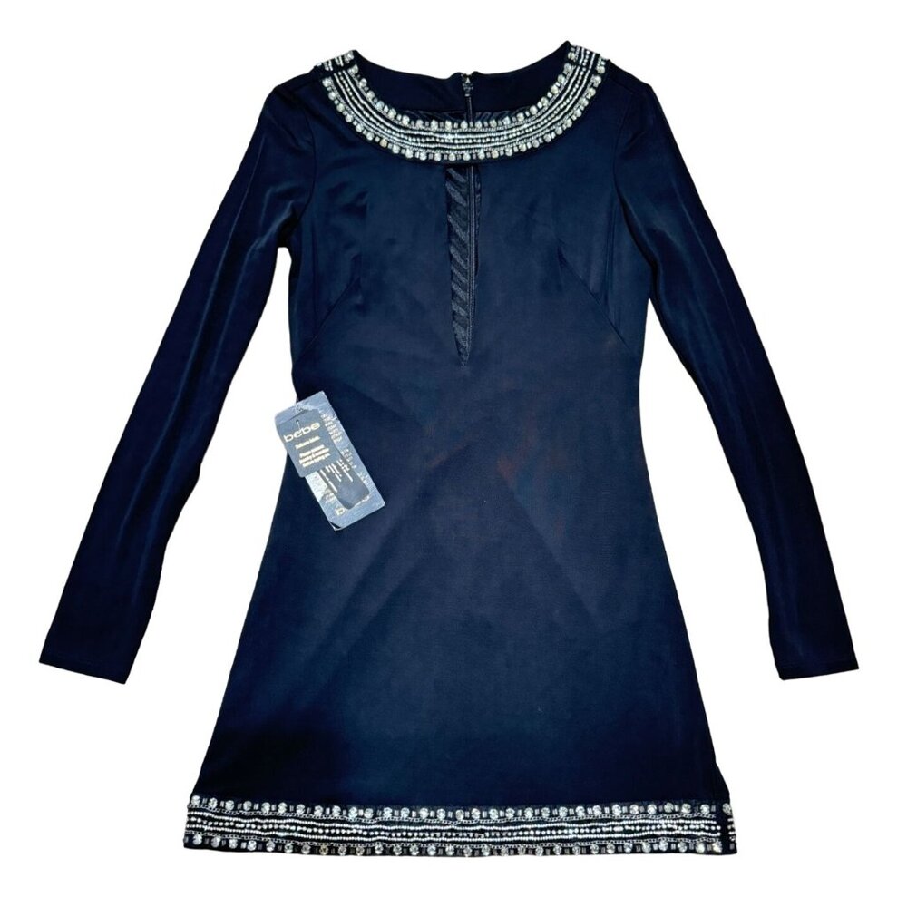 NWT Bebe Plunging Keyhole Beaded Mini Dress Black SZ S Hand Embellished Womens